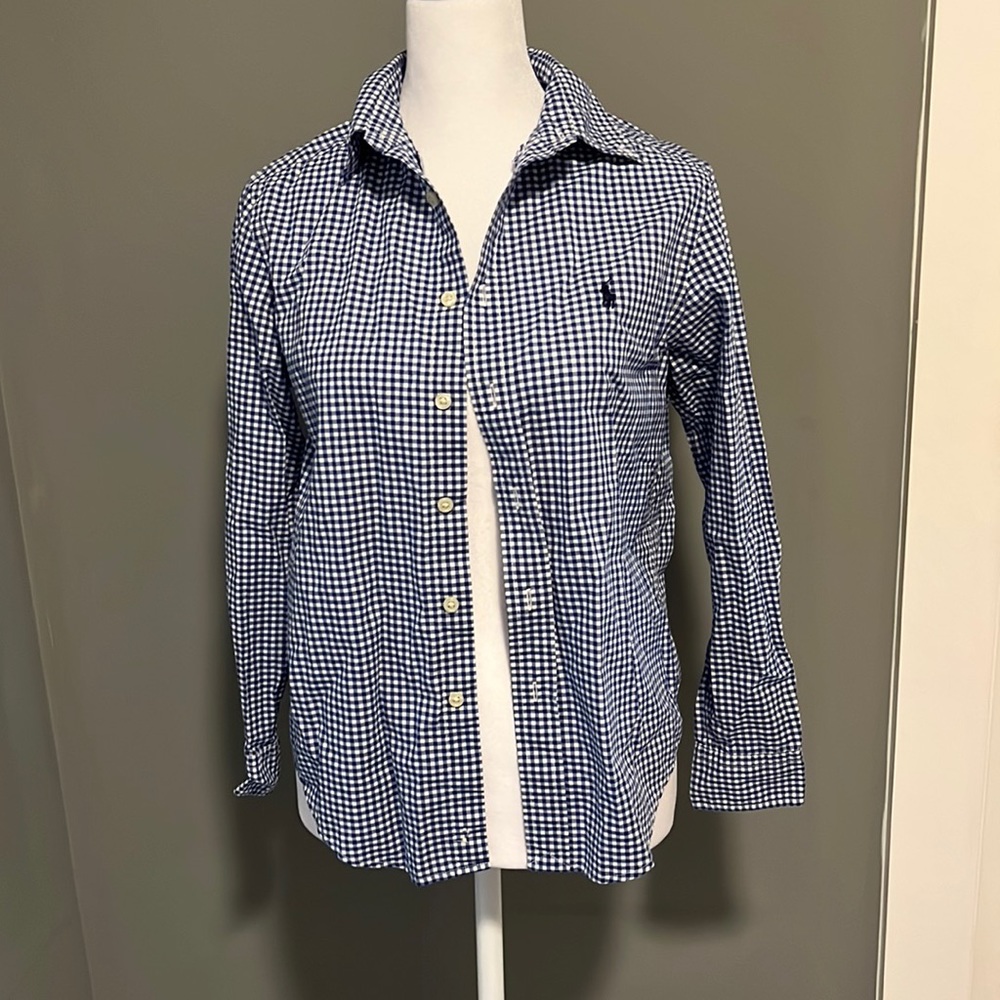 Excellent condition boys polo bottom up shirt blue and white Sz medium 10-12